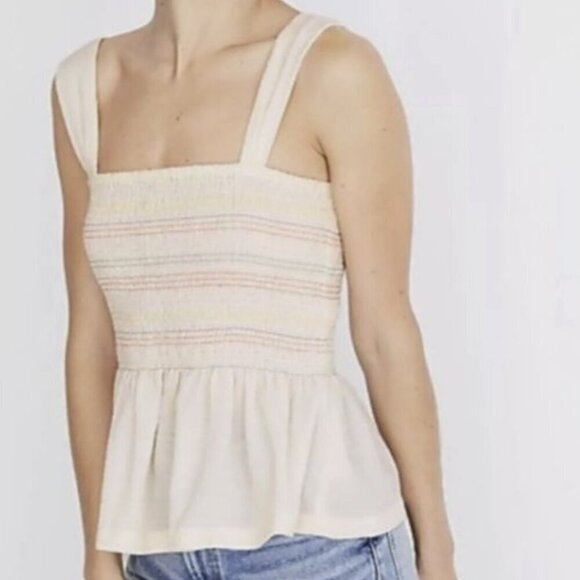 Madewell Texture & Thread Beige Stretch Smocked Tank Ruffle Peplum Size XS - Picture 1 of 6